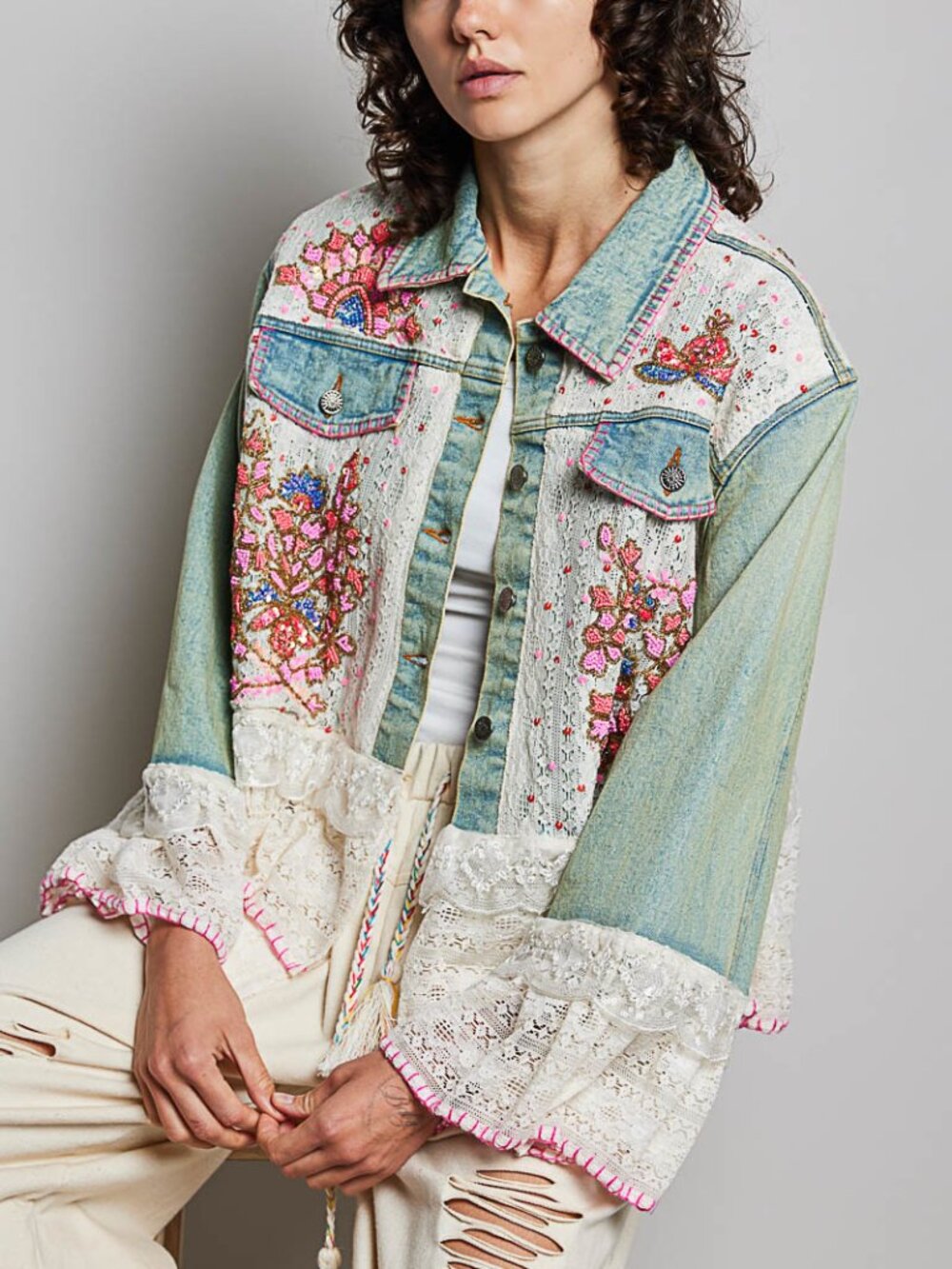 POL Mixed-fabric denim jacket featuring hand-embroidered floral detailing